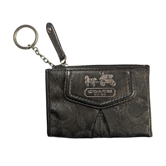 COACH Coin Purse Card Case Keychain Black Signature Canvas Wallet - Picture 1 of 3